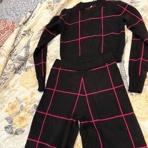 Black and Pink Grid Pattern Sweater and Pants Set